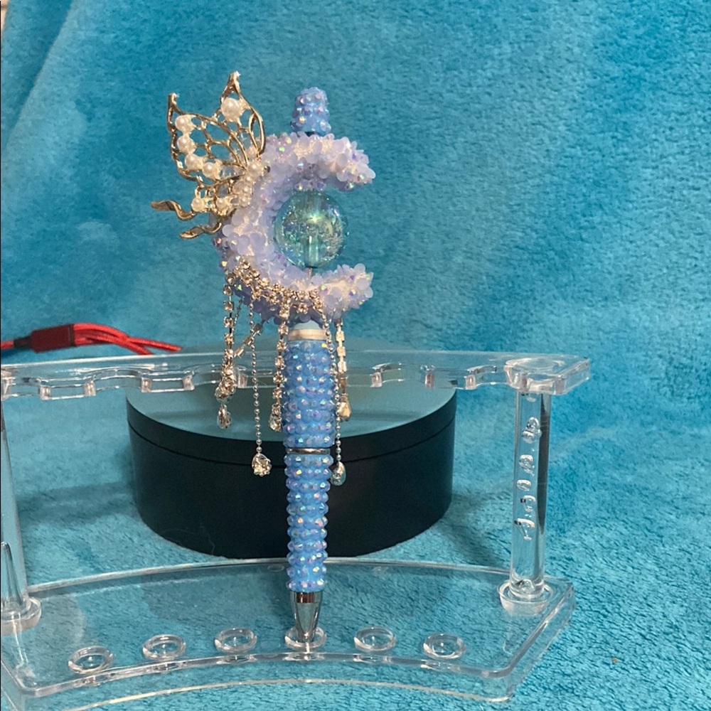 Blue Beaded Pen with Butterfly Accent